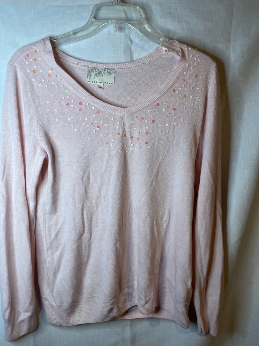Debbie Morgan Light Pink V-Neck Sweater with Sequin Accents